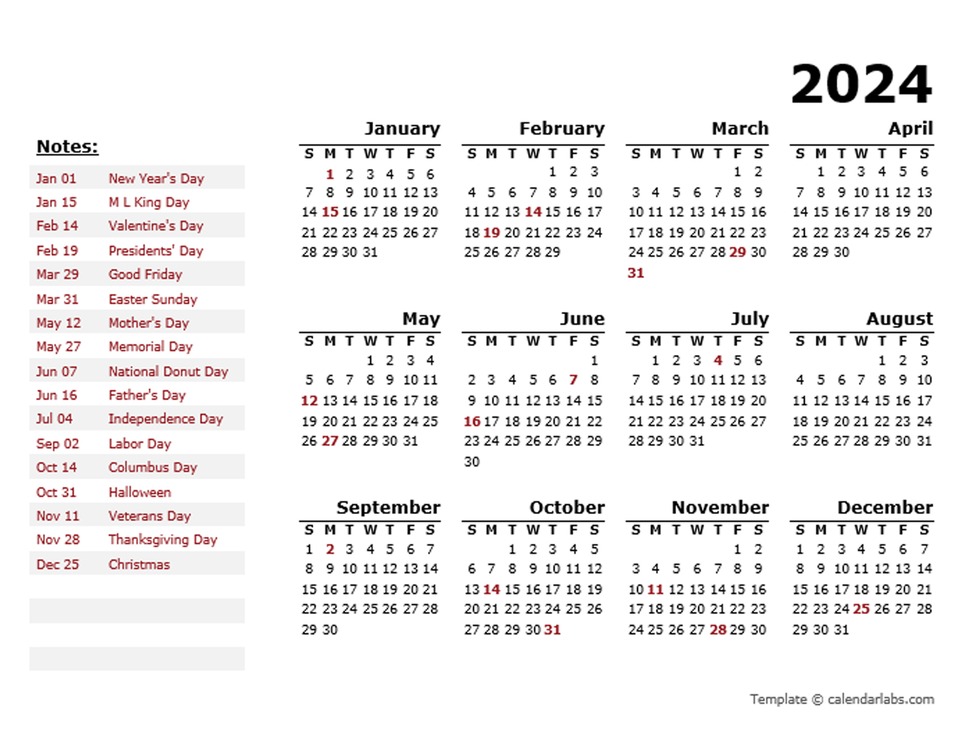 2024 Year Calendar Word Template With Holidays Free Printable Templates