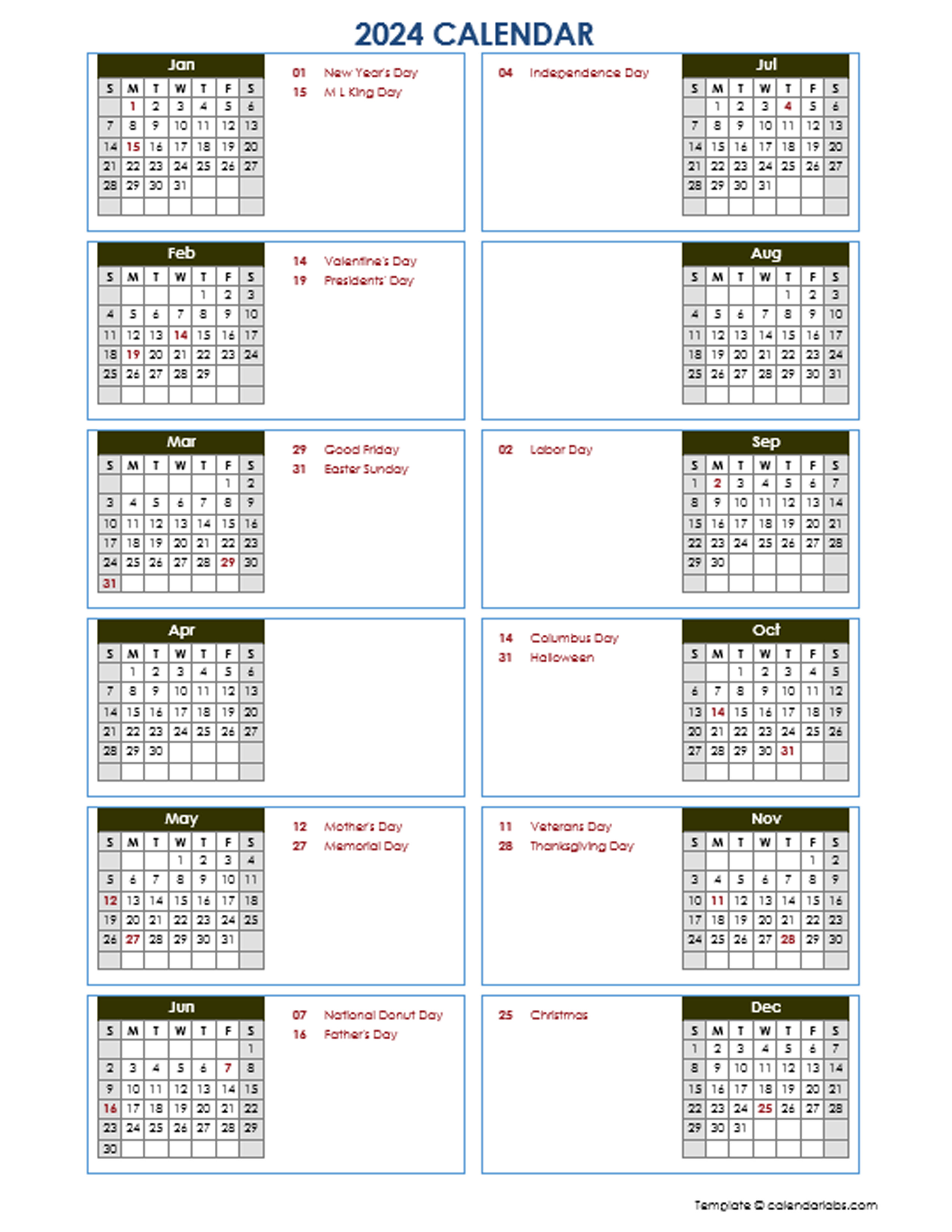2024 Year At A Glance Word Calendar Template - Free Printable Templates