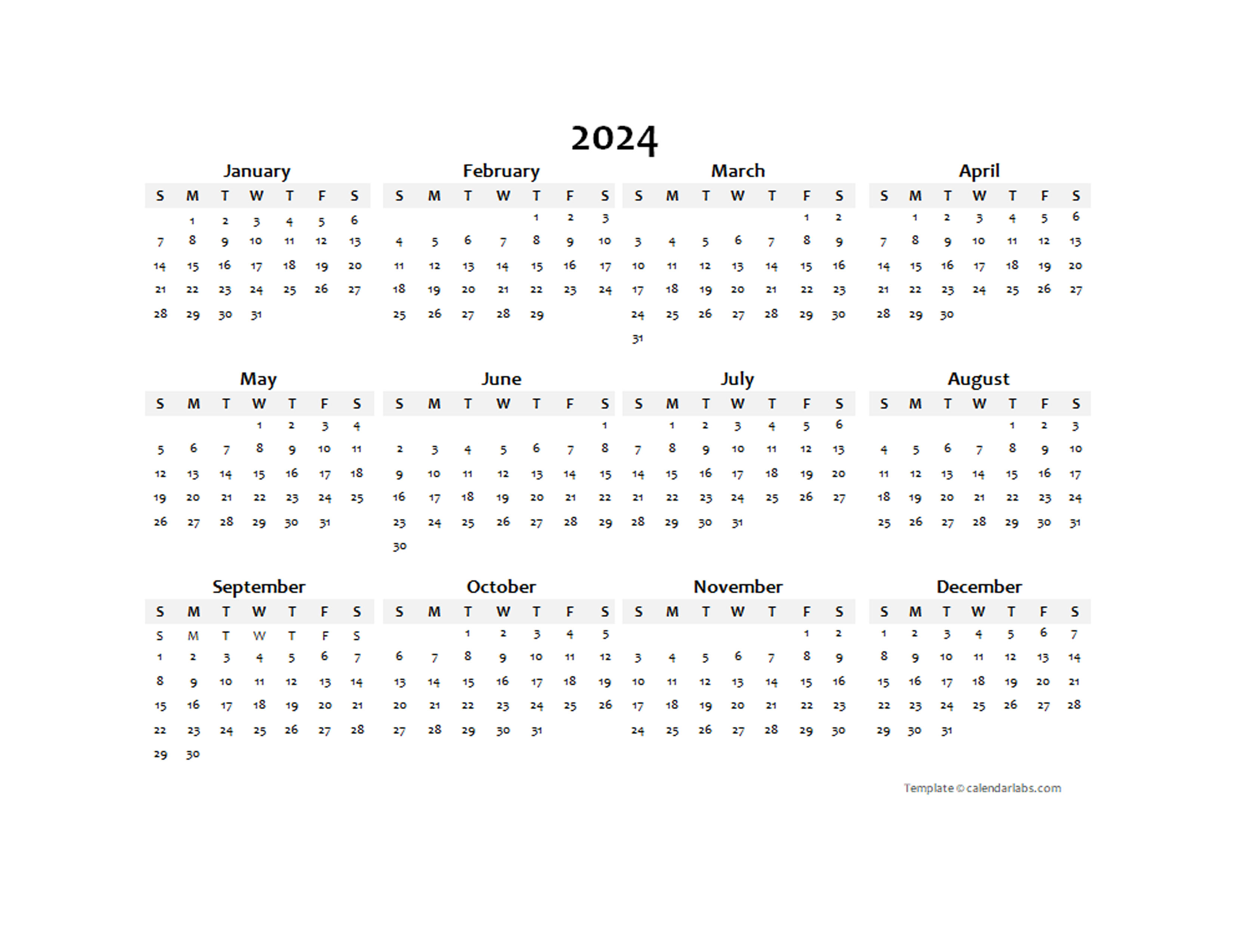 2024 Yearly Calendar Template With Us Holidays Free Printable
