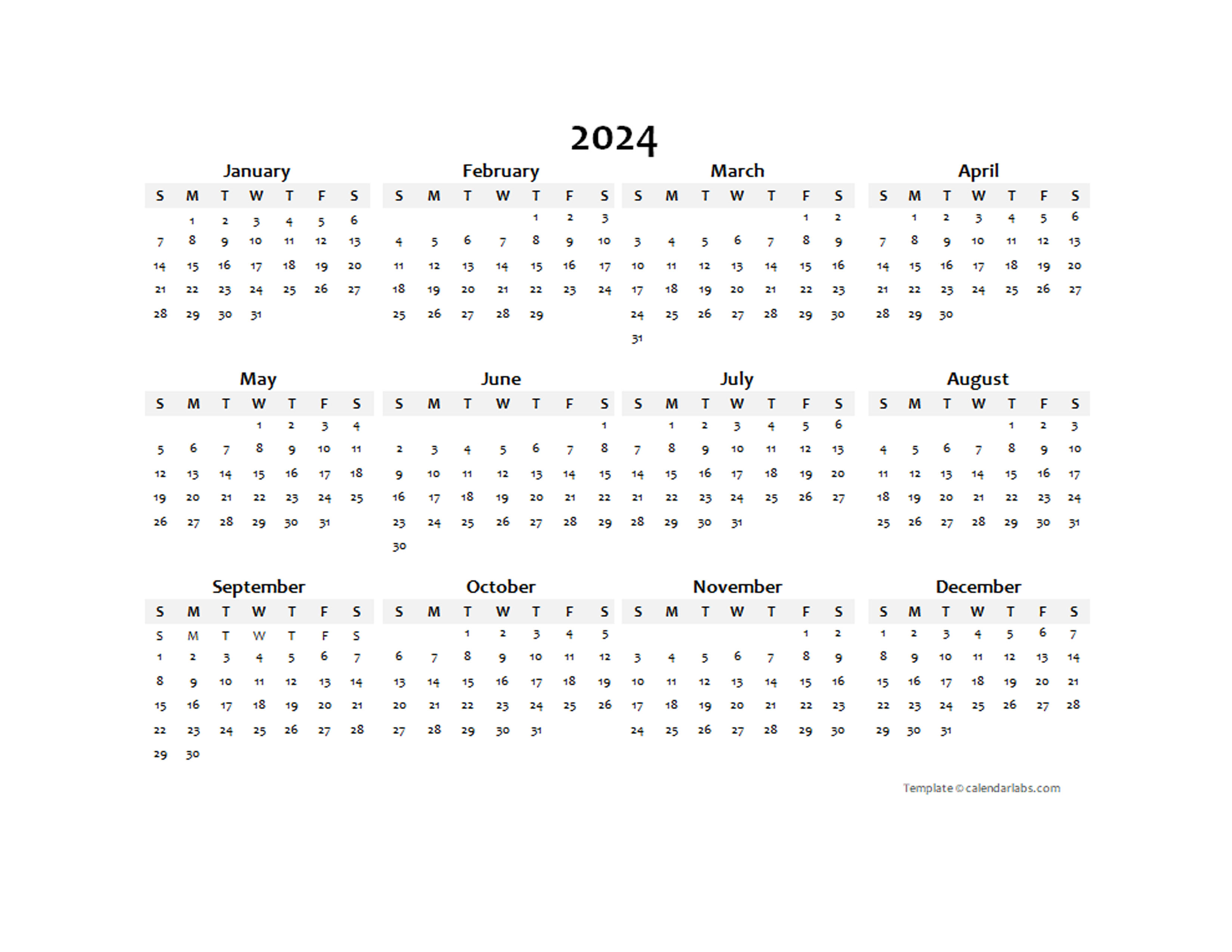 2024 Yearly Blank Calendar Template Free Printable Templates