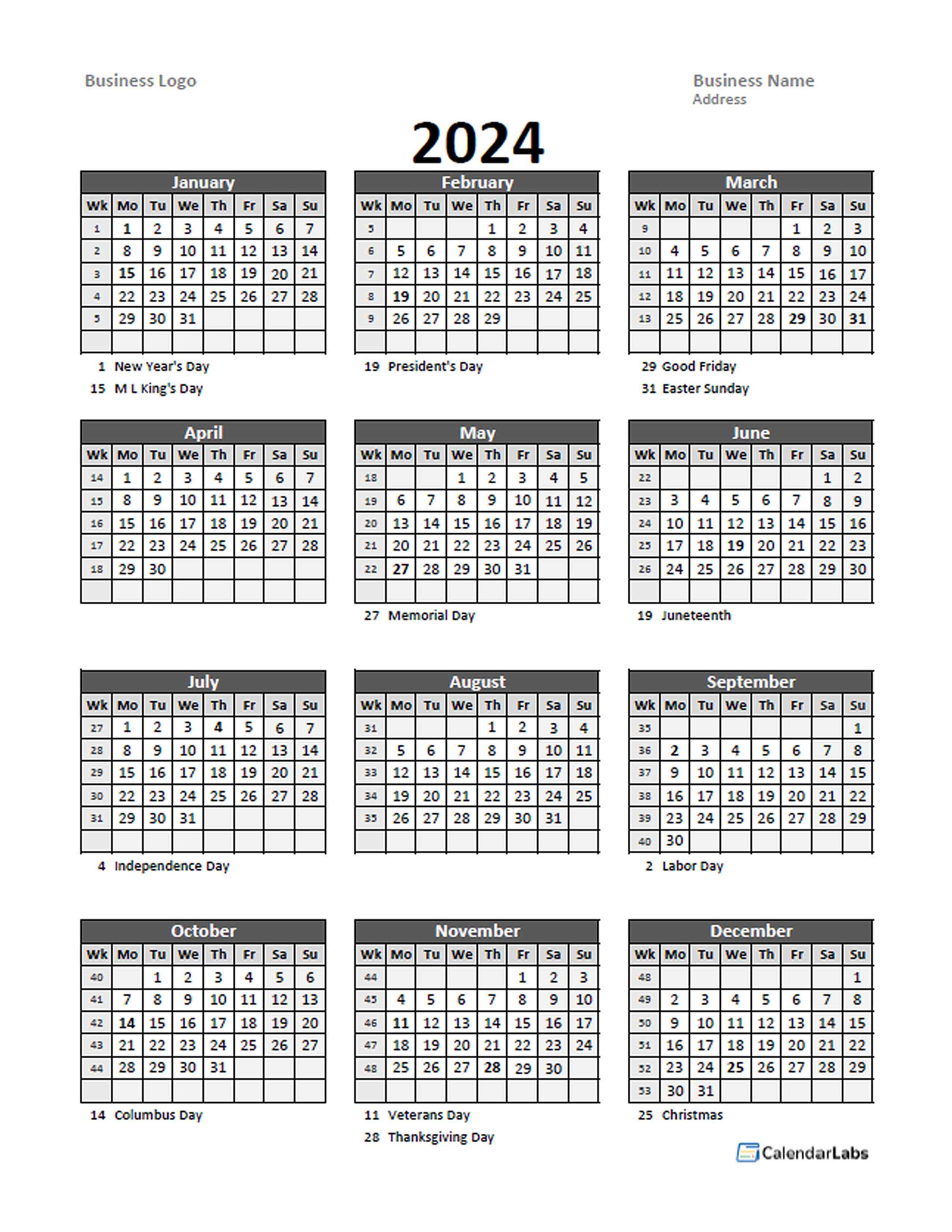 2024 Yearly Business Calendar With Week Number Free Printable Templates