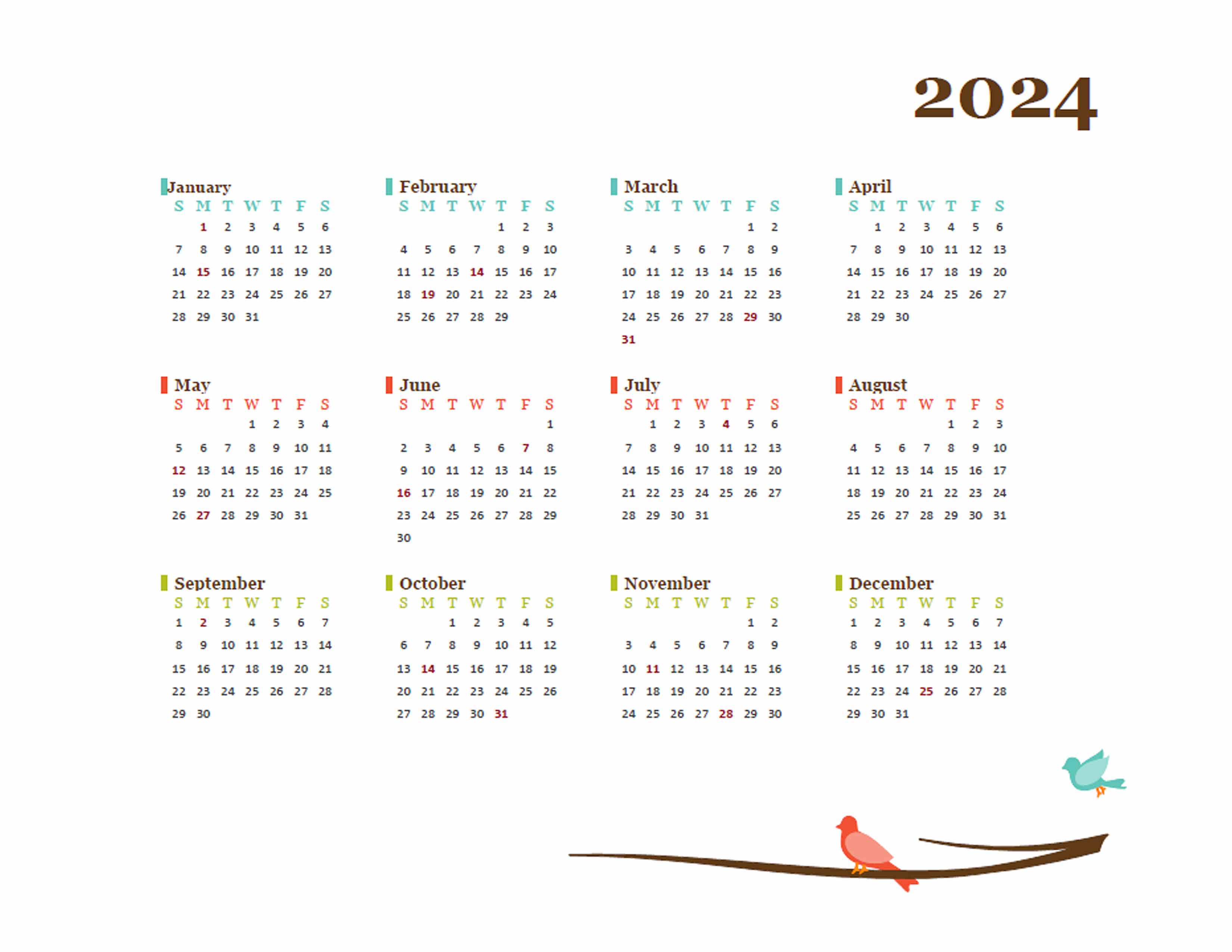 2024 Yearly Calendar Bird Template Free Printable Templates