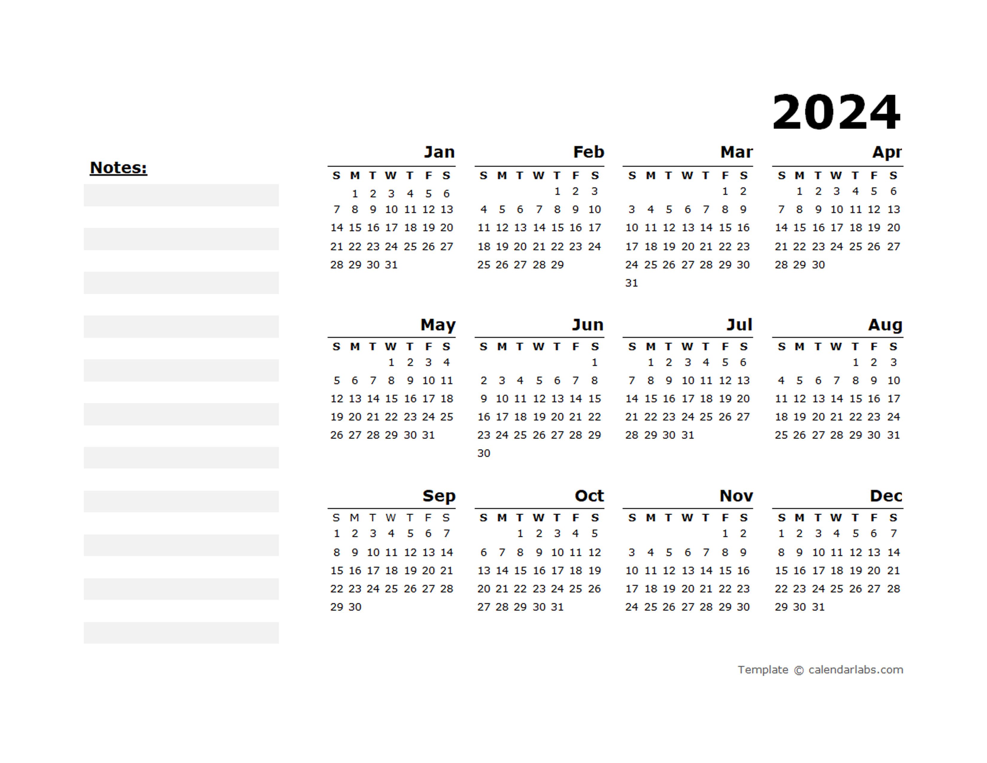 2024 Yearly Calendar Blank Minimal Design 