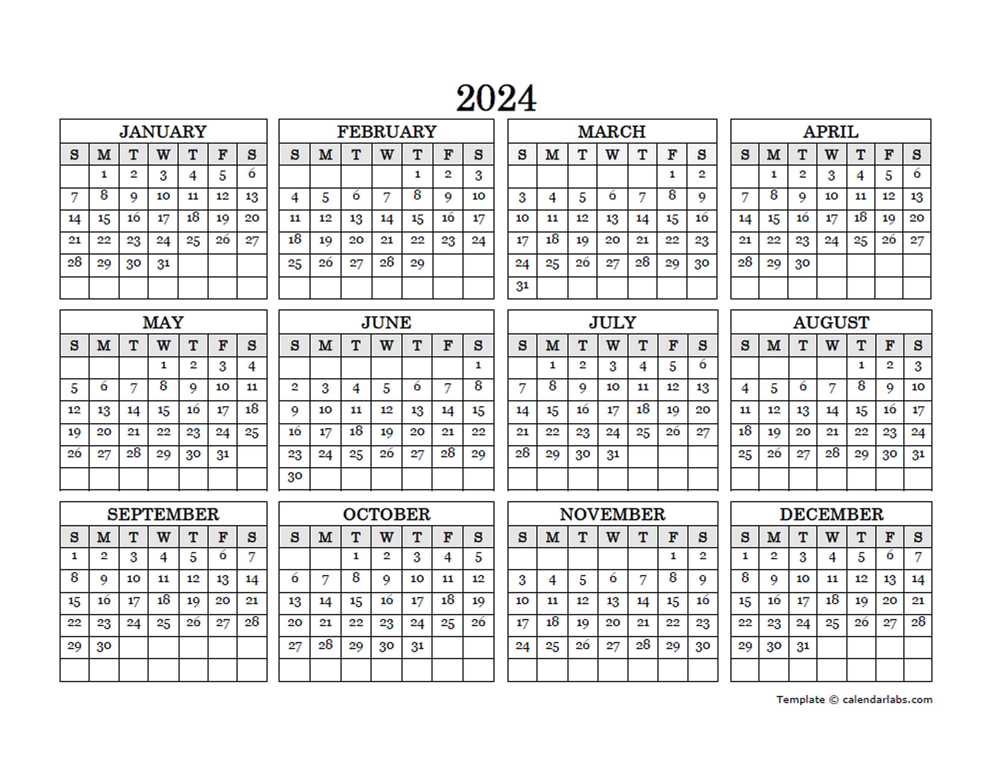 2024 Blank Yearly Calendar Landscape Free Printable Templates