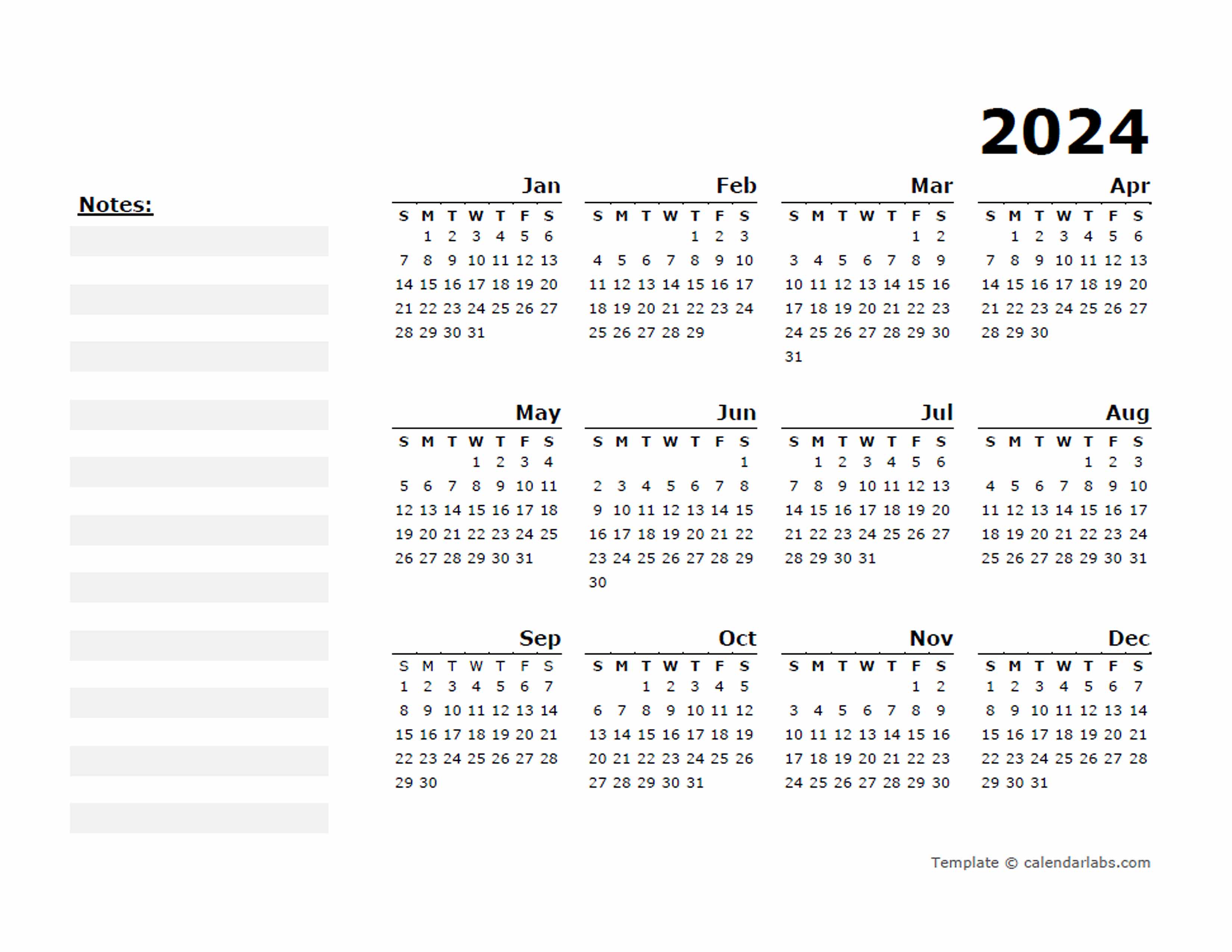 2024 Yearly Calendar Minimal Design Free Printable Templates