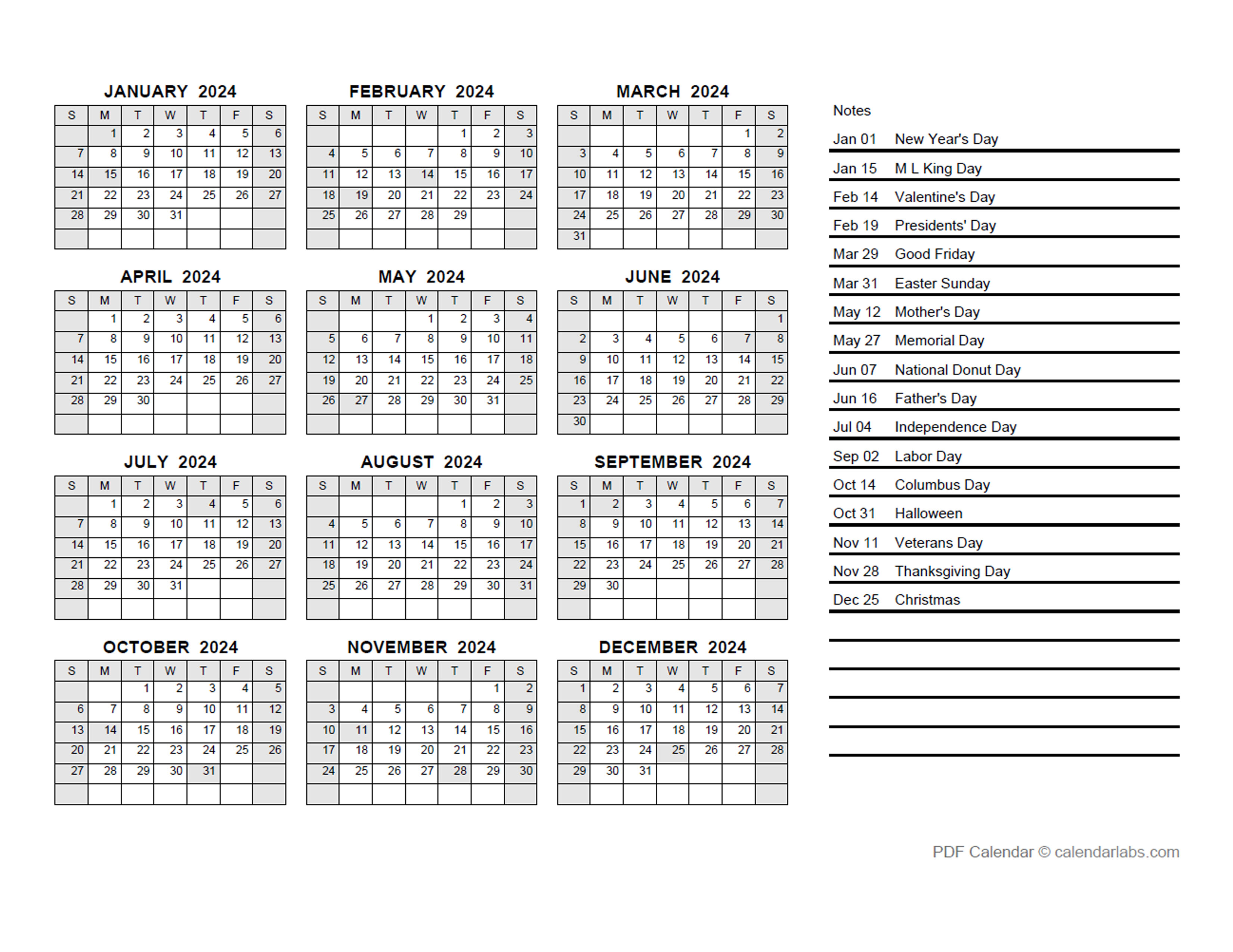 2024 Yearly Calendar Printable With Notes