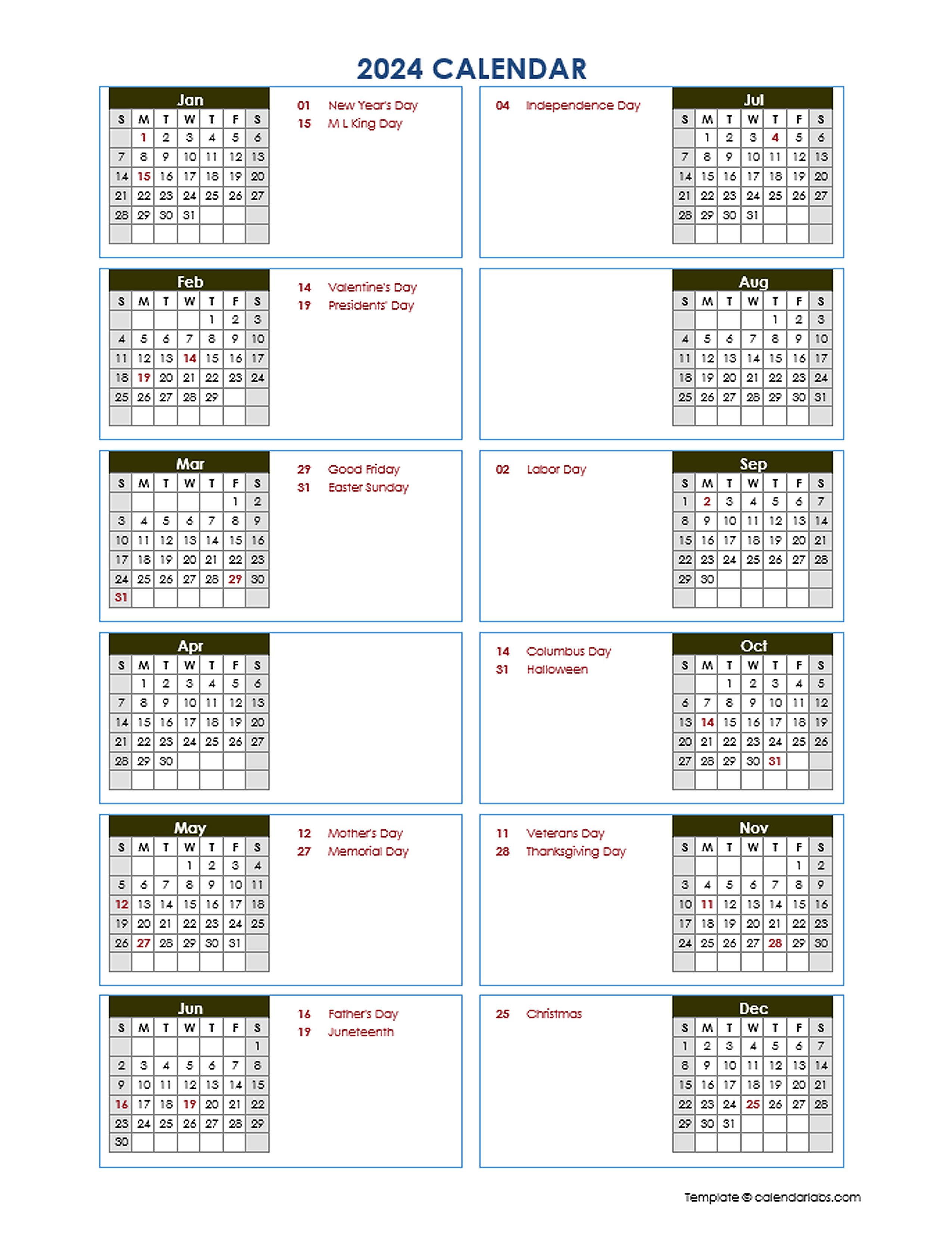 2024 Yearly Calendar Template Vertical Design Free Printable Templates