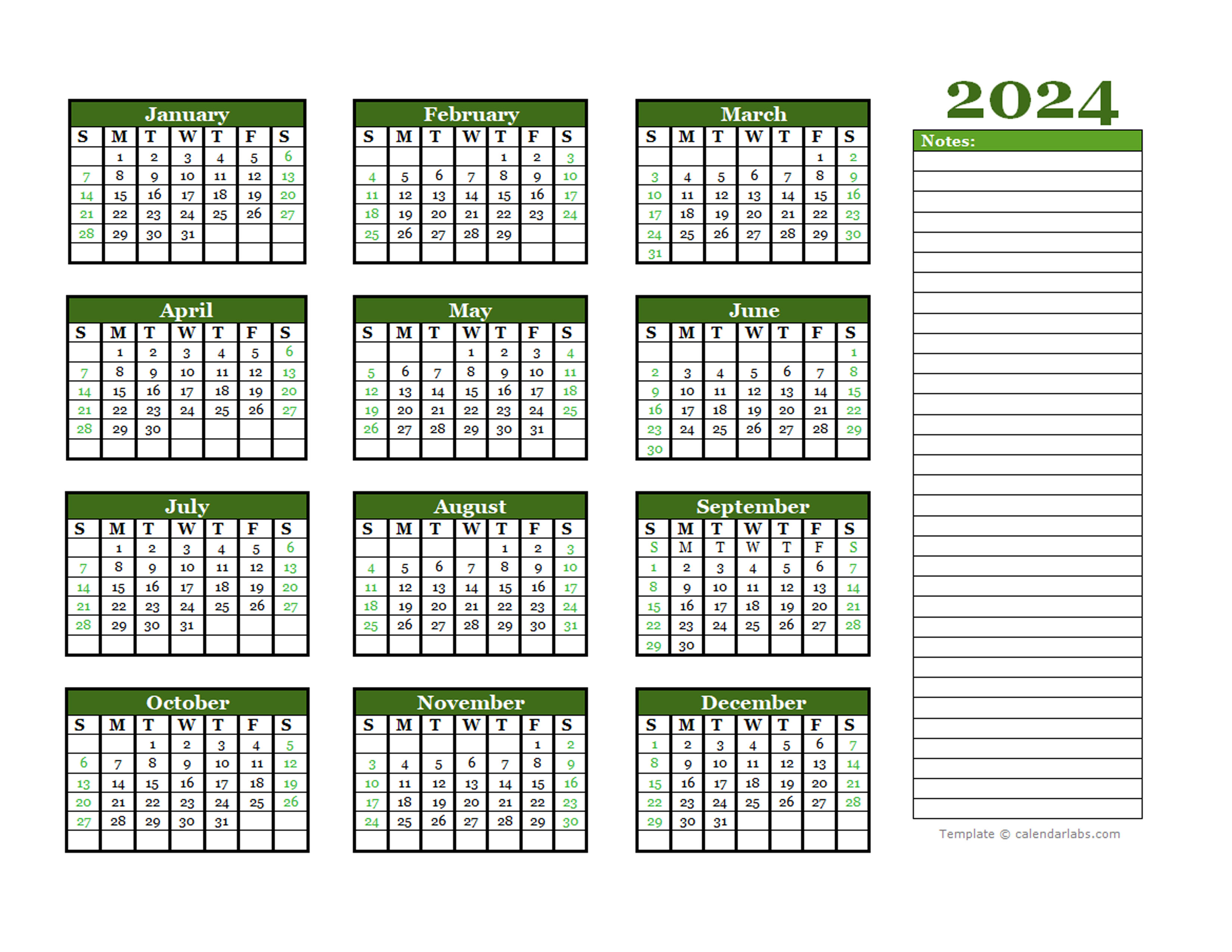 2024 Yearly Calendar With Blank Notes Free Printable Templates