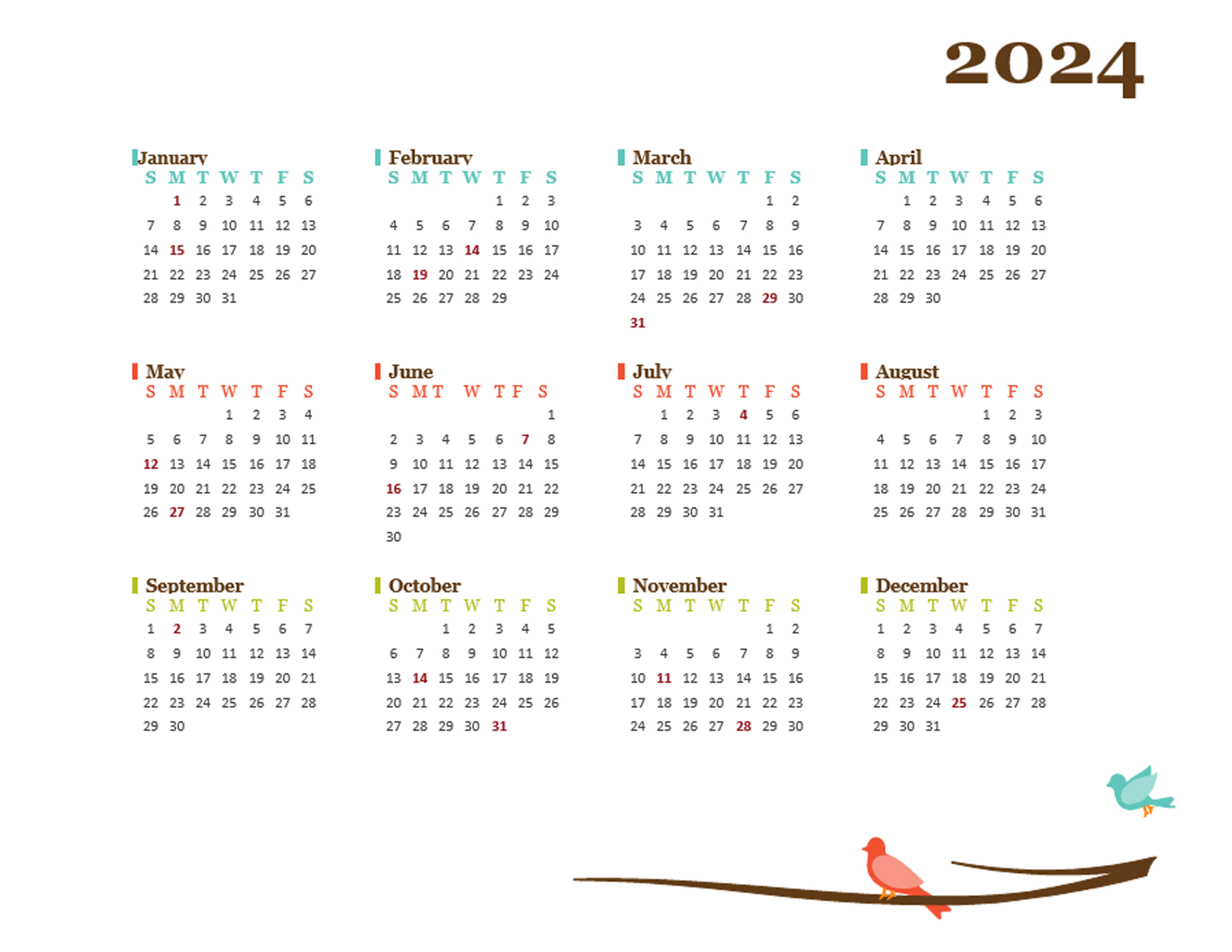 2024 Yearly Editable Word Calendar Template - Free Printable Templates