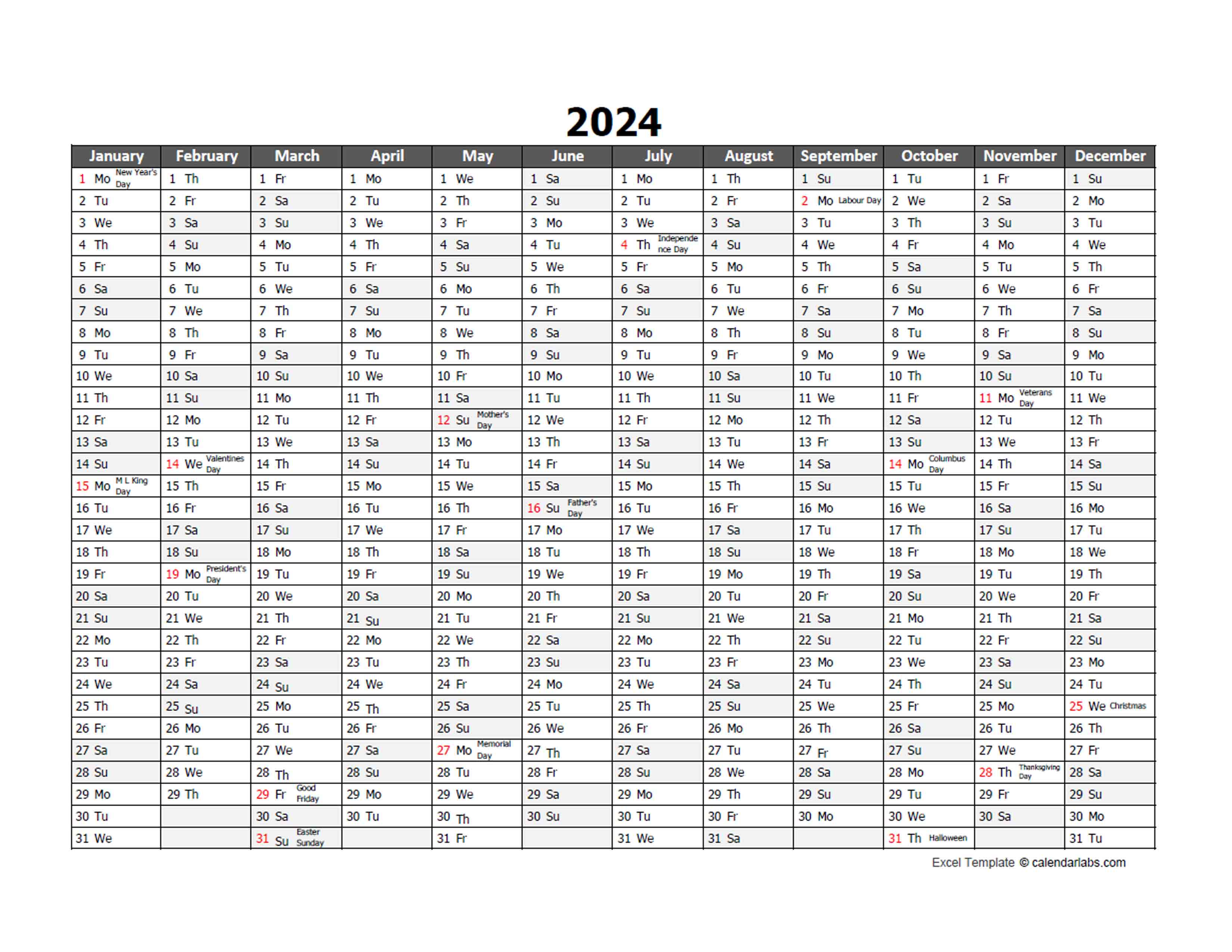 2024 Yearly Calendar Template Excel Haley Keriann