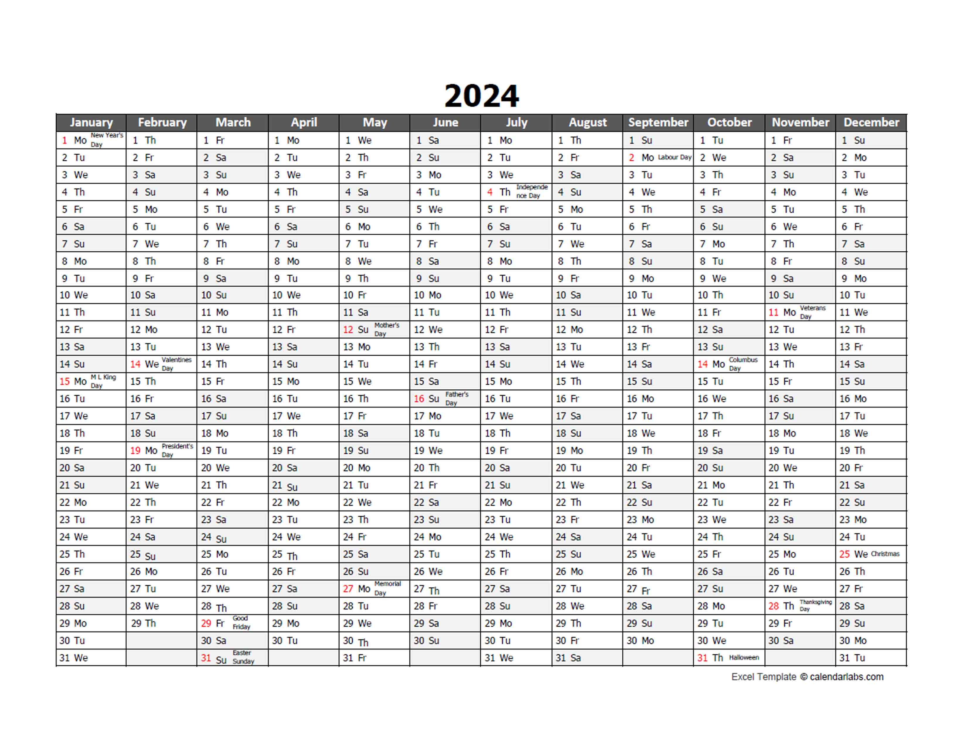 Editable 2024 Yearly Excel Scheduling Calendar Free Printable Templates