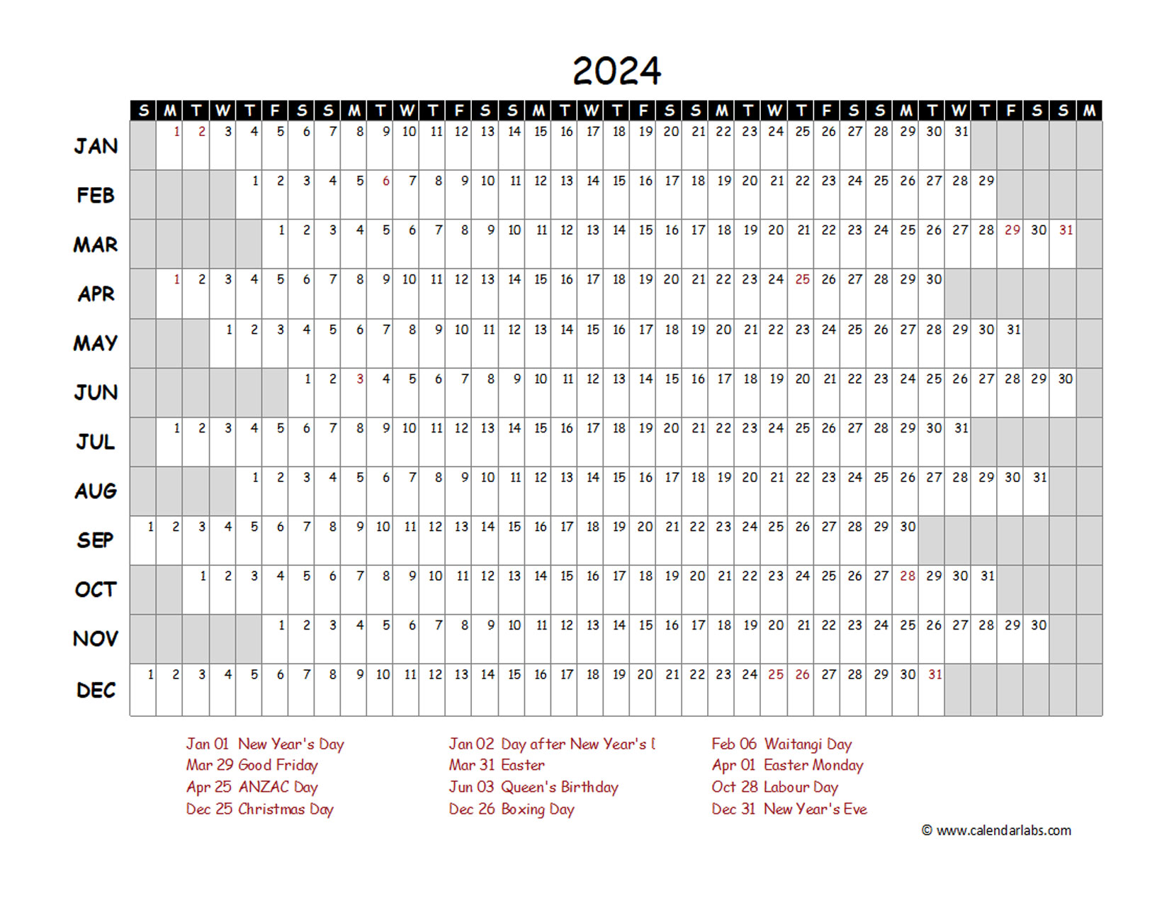 2024 Yearly Project Timeline Calendar New Zealand Free Printable