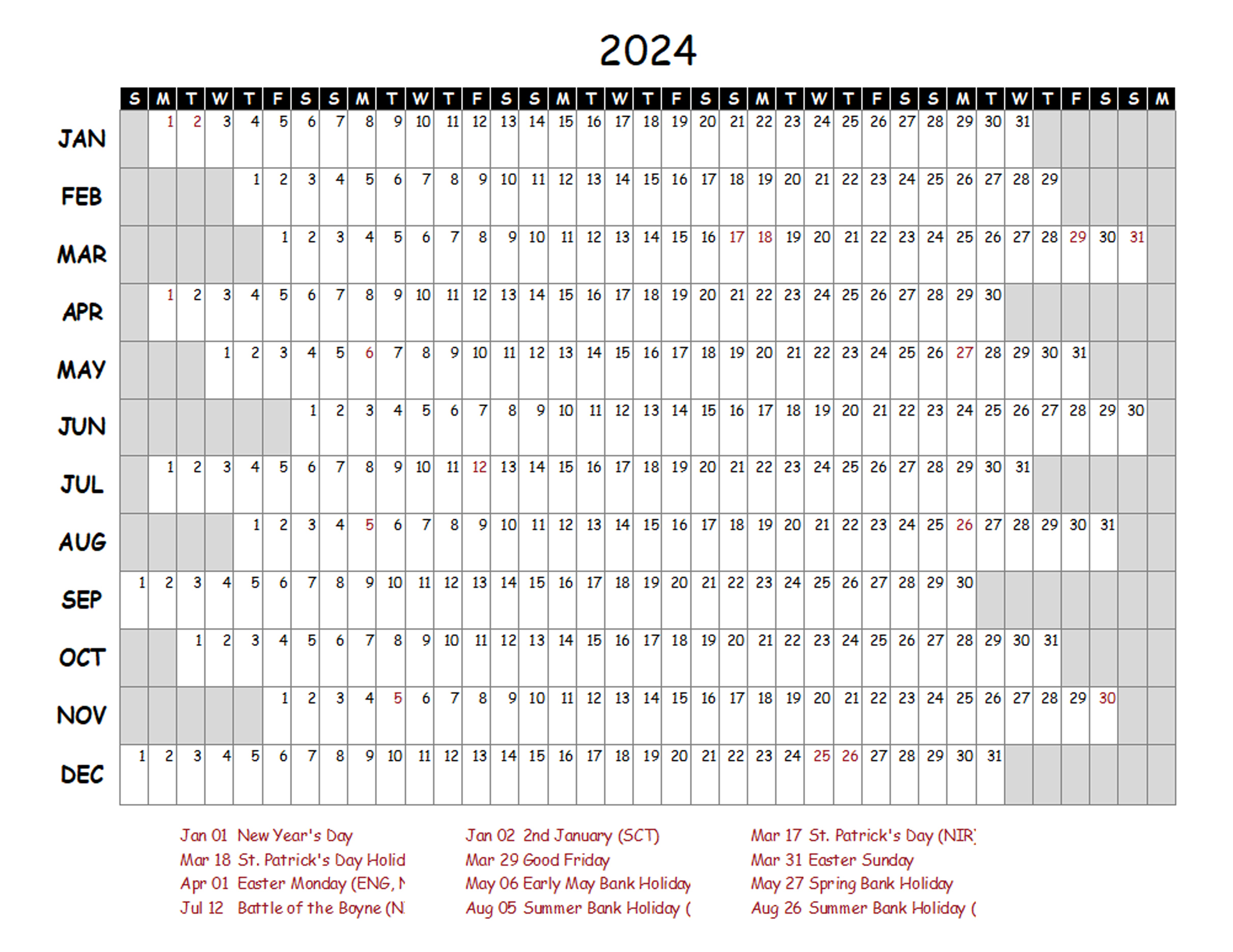 2024 Yearly Project Timeline Calendar UK Free Printable Templates