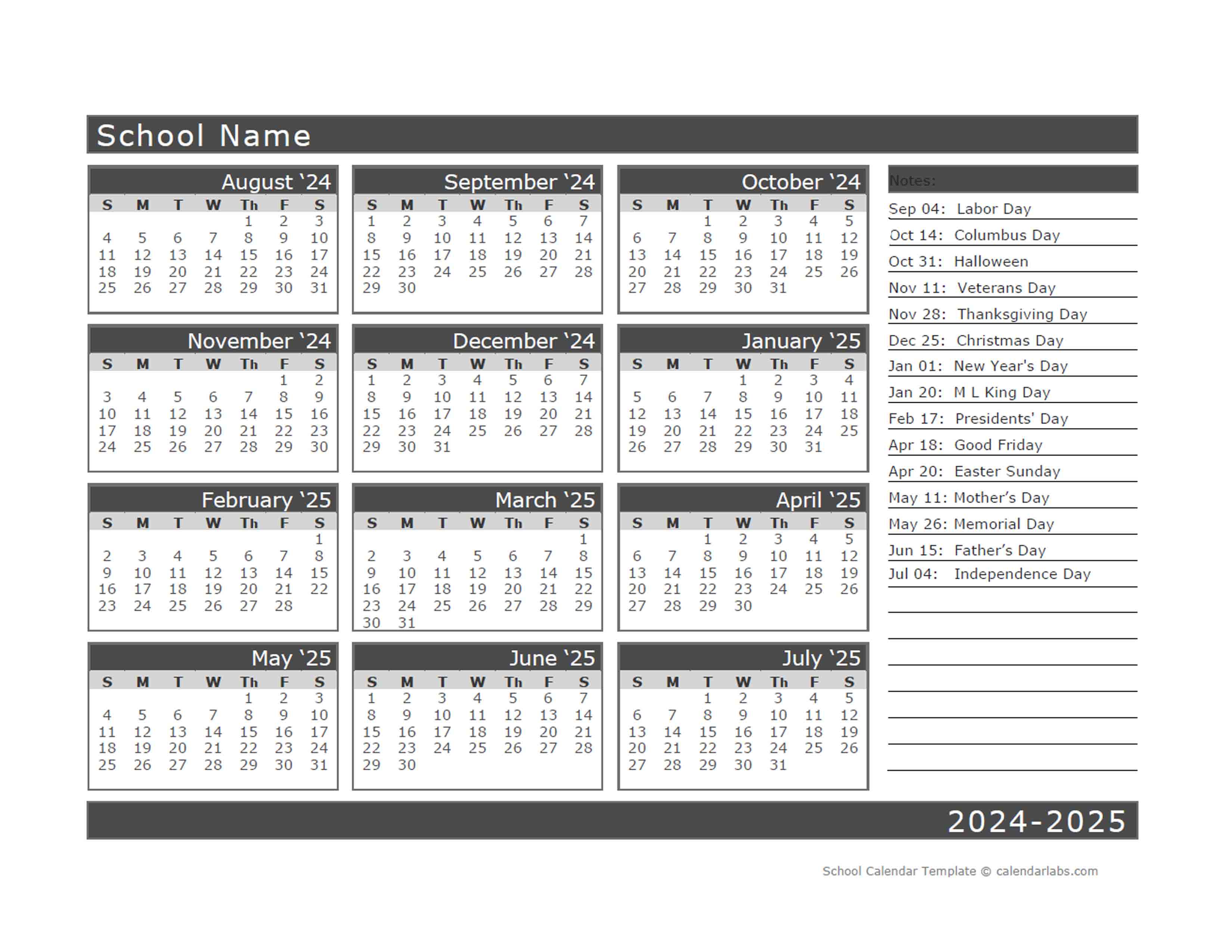 2024 Yearly School Horizontal Calendar Aug Free Printable Templates