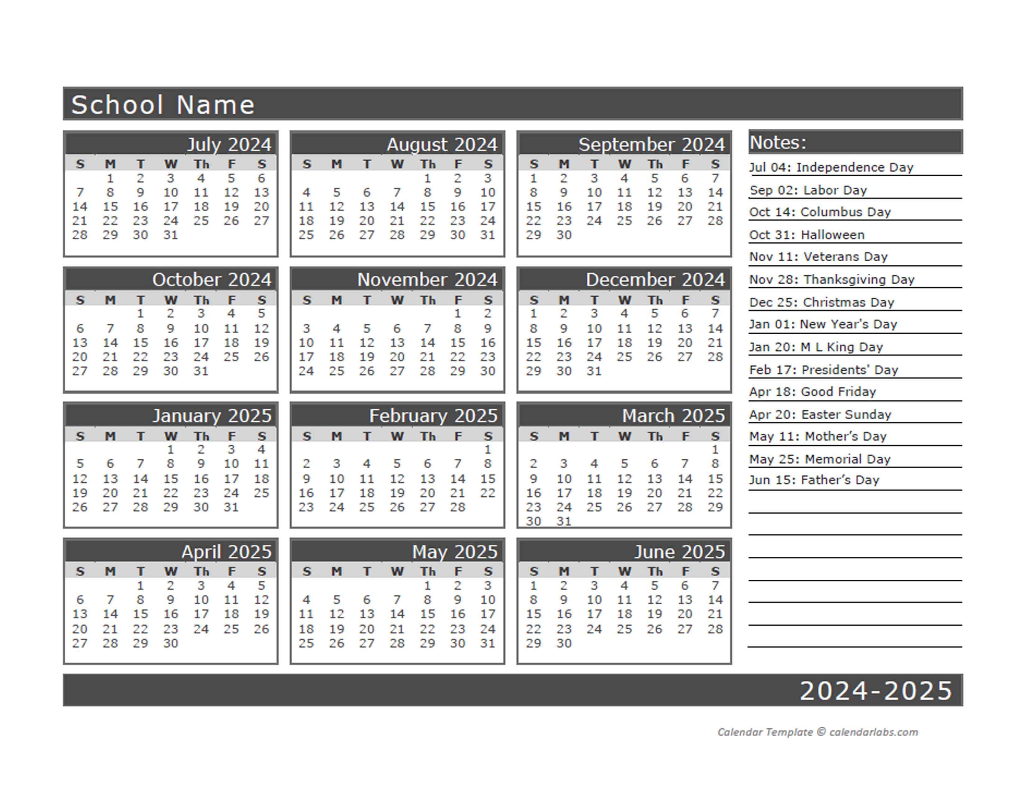 2024 Yearly School Horizontal Calendar Jul Free Printable Templates