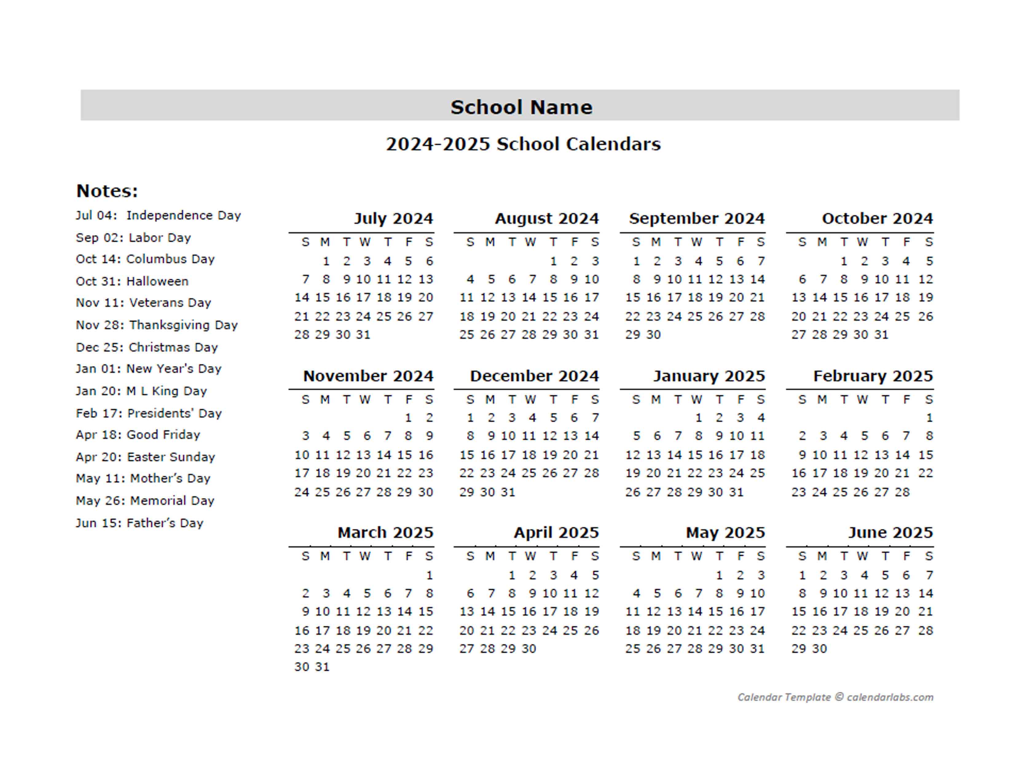 2024 Yearly School JulJun Calendar With Holidays Free Printable