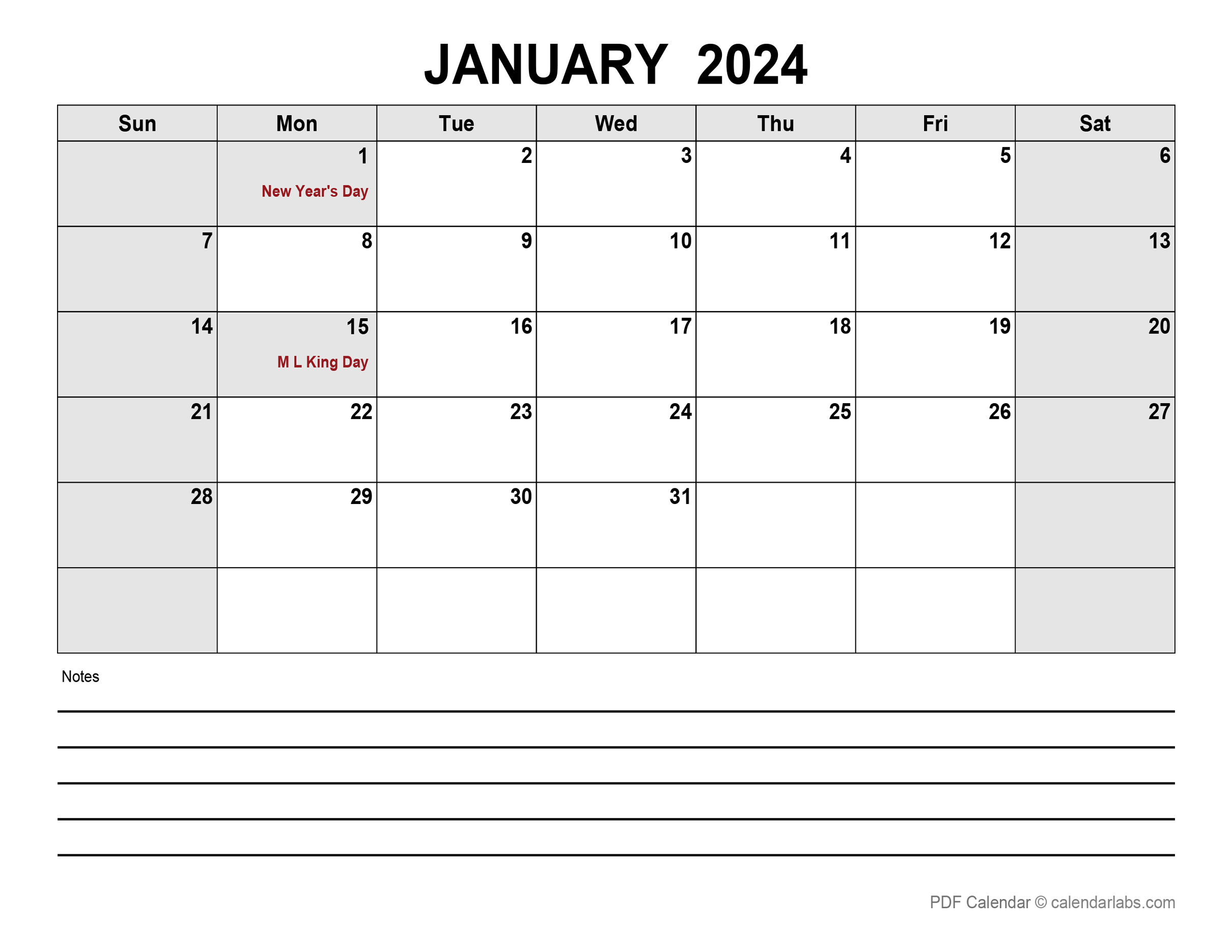 January 2024 Calendar with Holidays | CalendarLabs