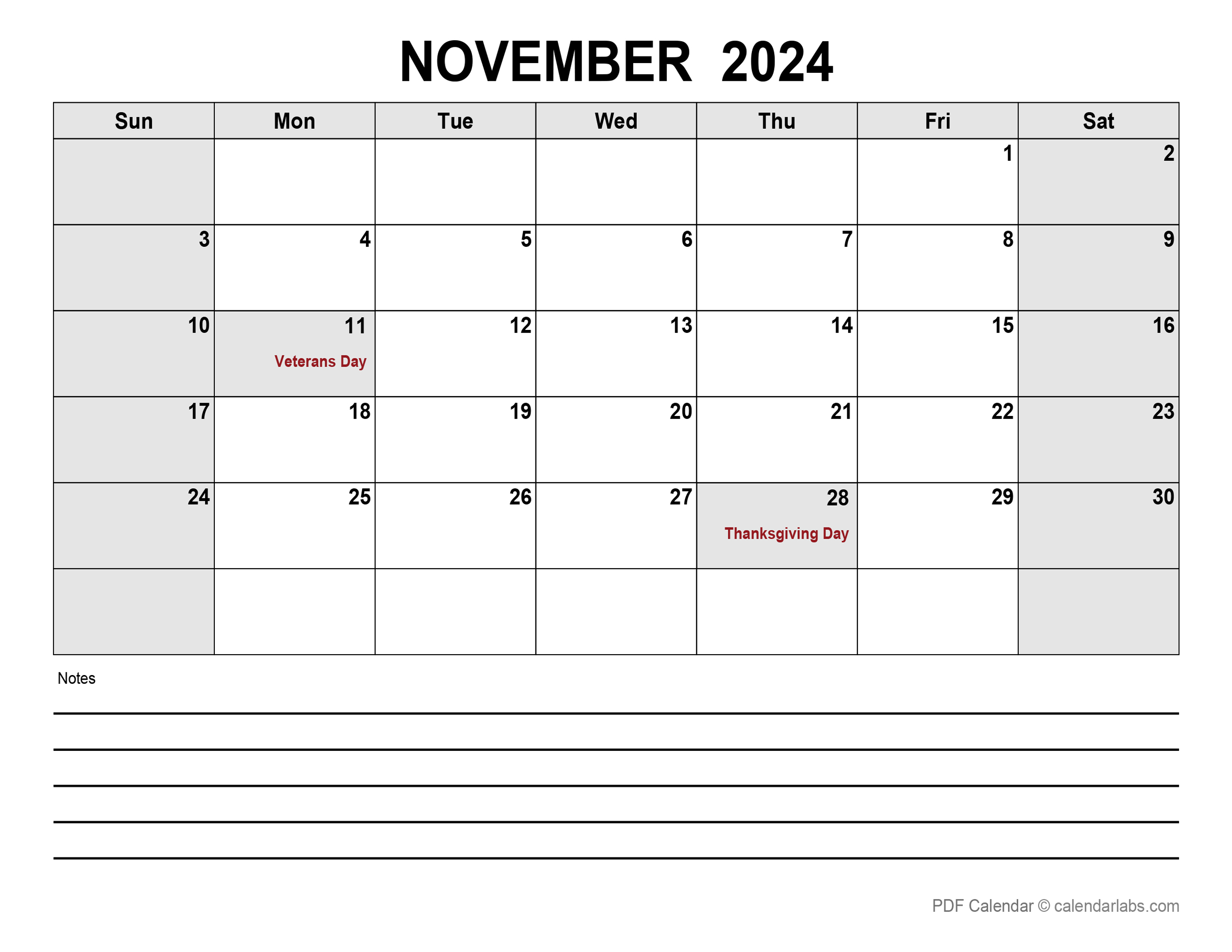 November 2024 Calendar with Holidays | CalendarLabs