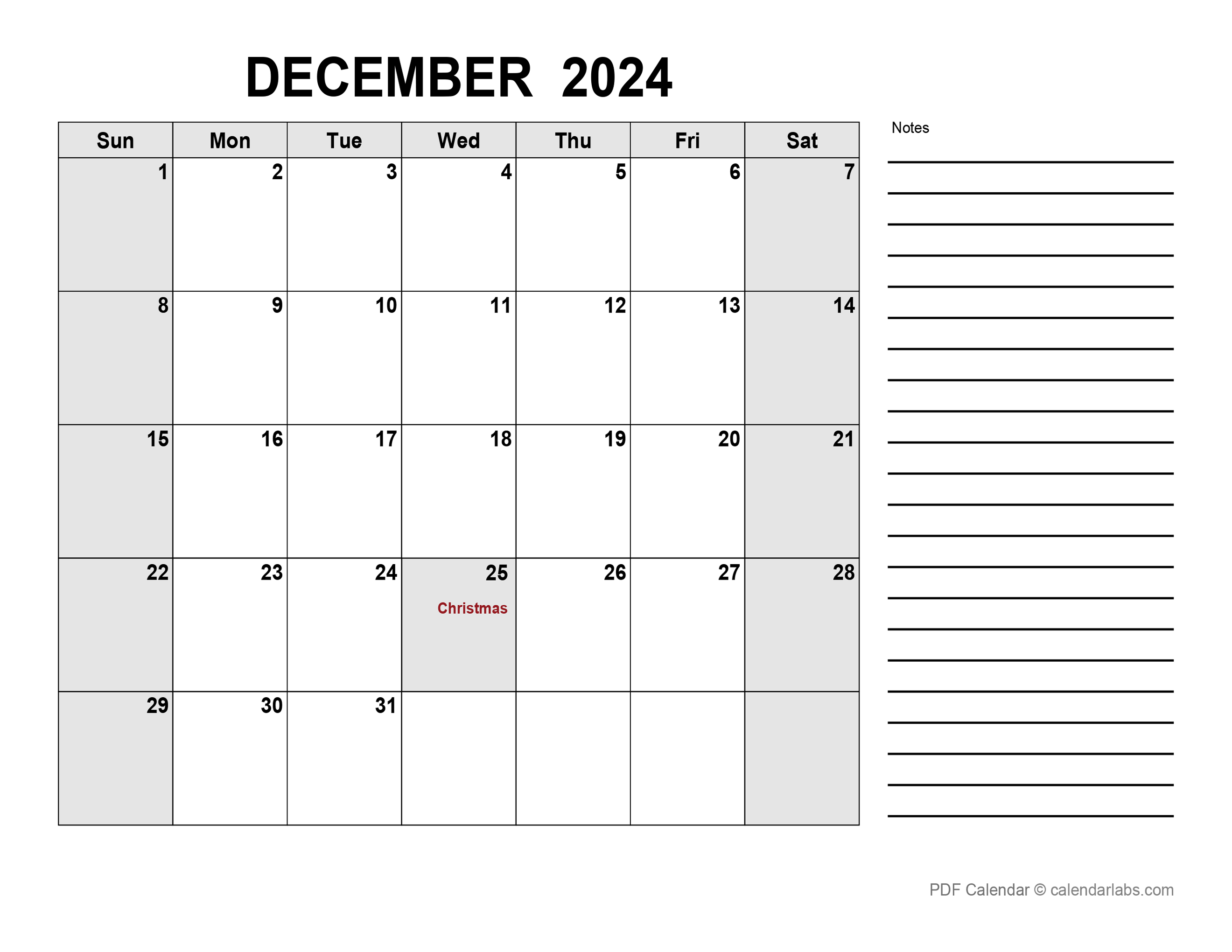 December 2024 Calendar with Holidays CalendarLabs