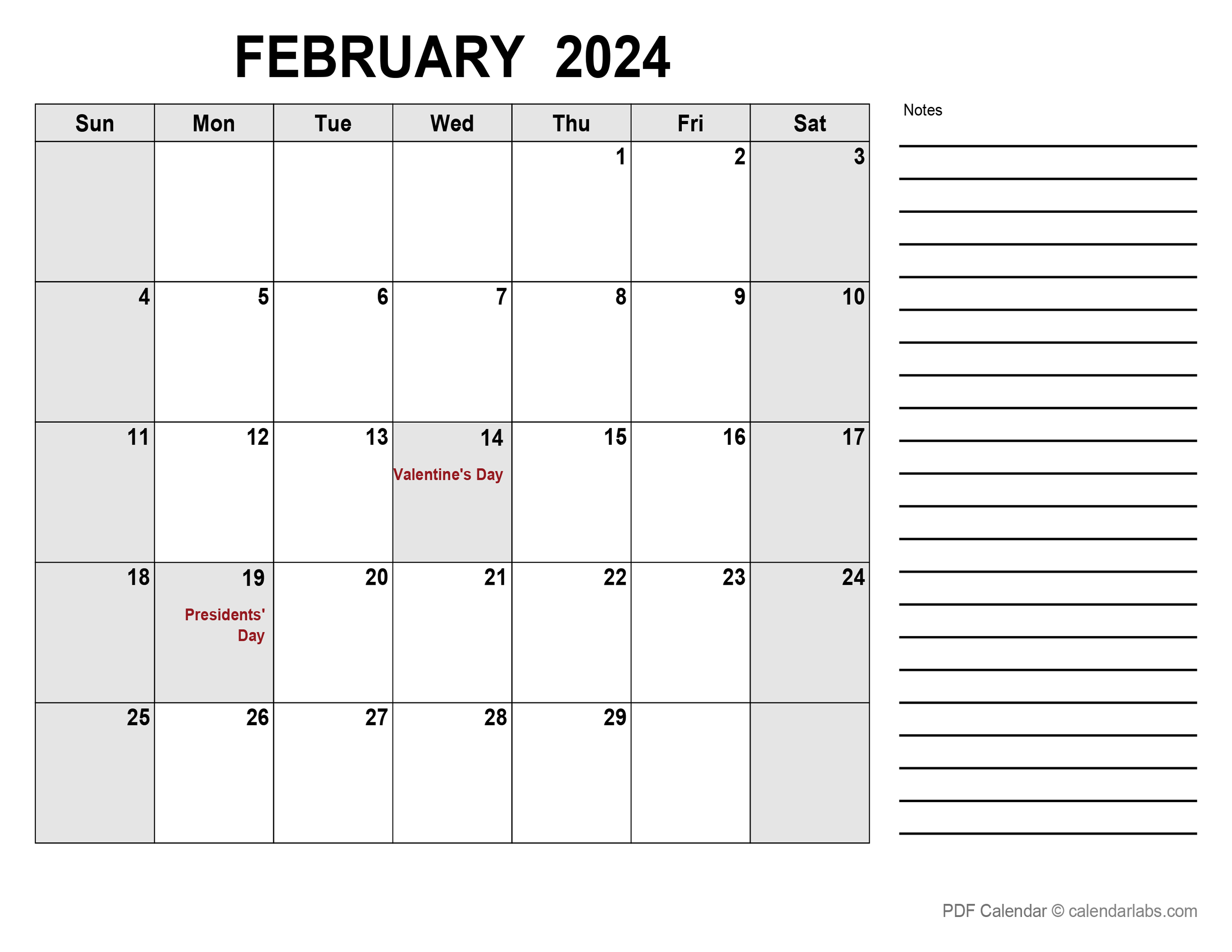 February 2024 Calendar with Holidays | CalendarLabs