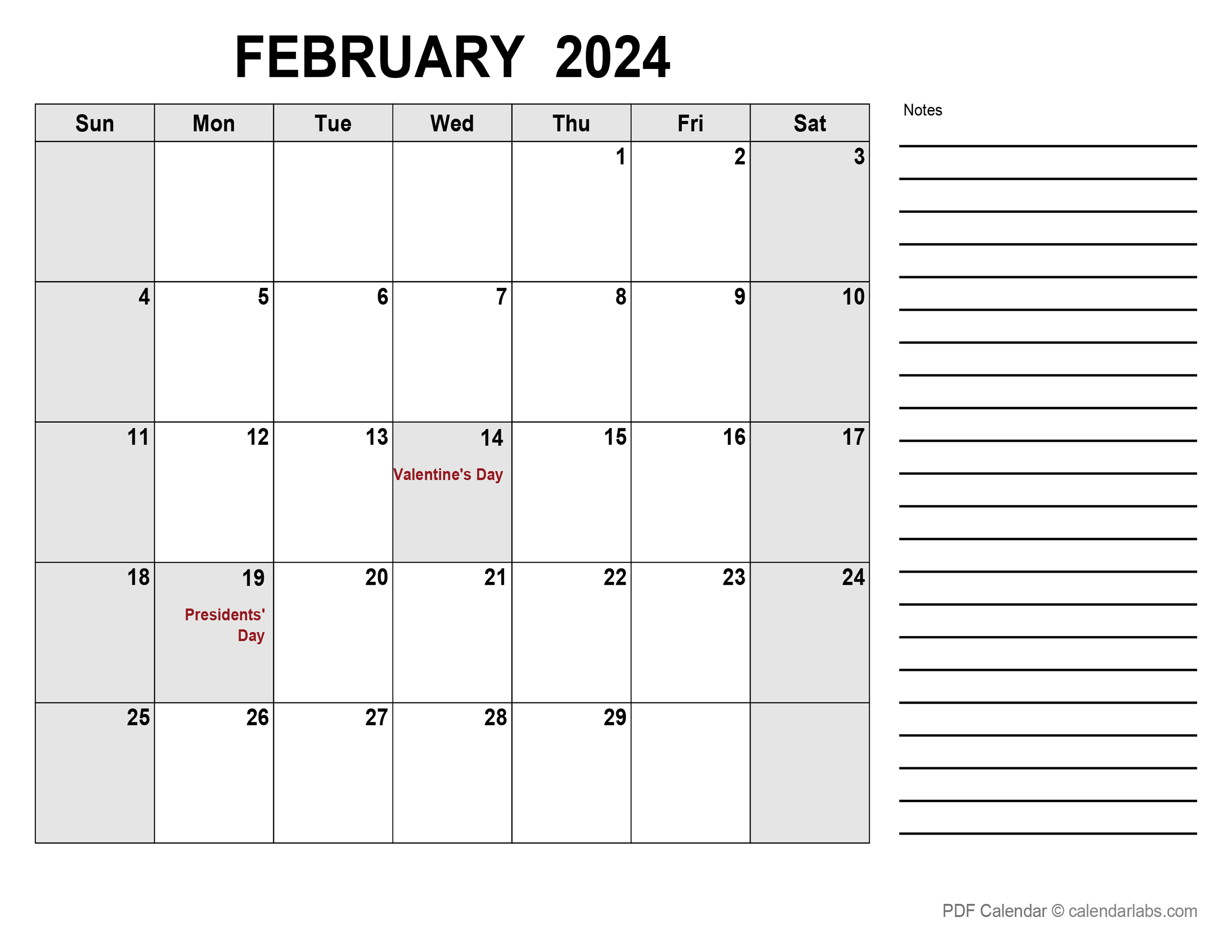 February 2024 Calendar with Holidays CalendarLabs