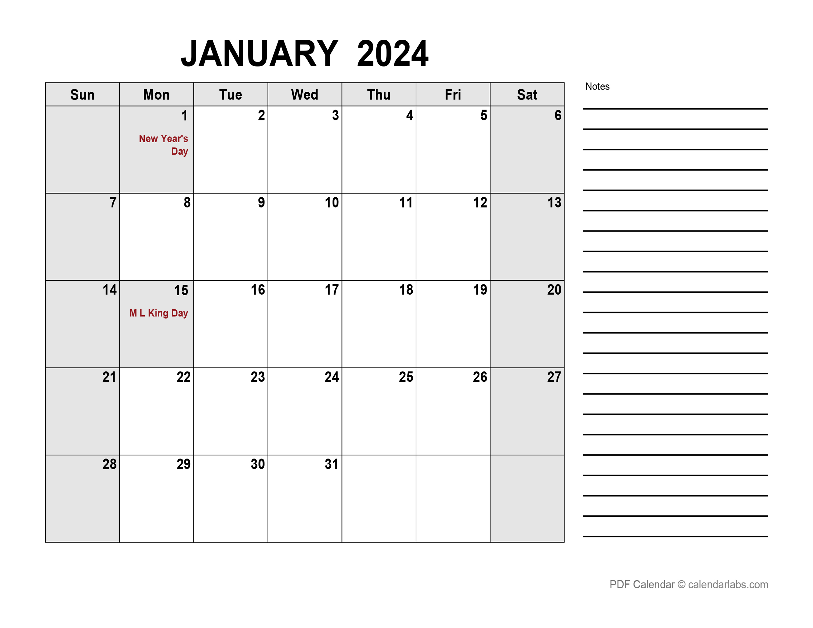 January 2024 Calendar with Holidays | CalendarLabs