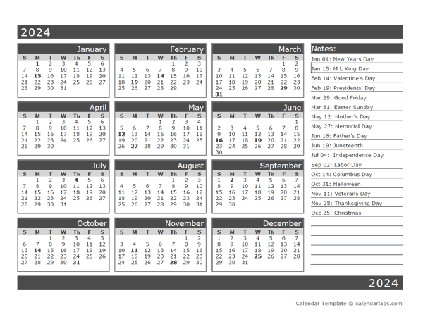 12 Month One Page Calendar Template For 2024
