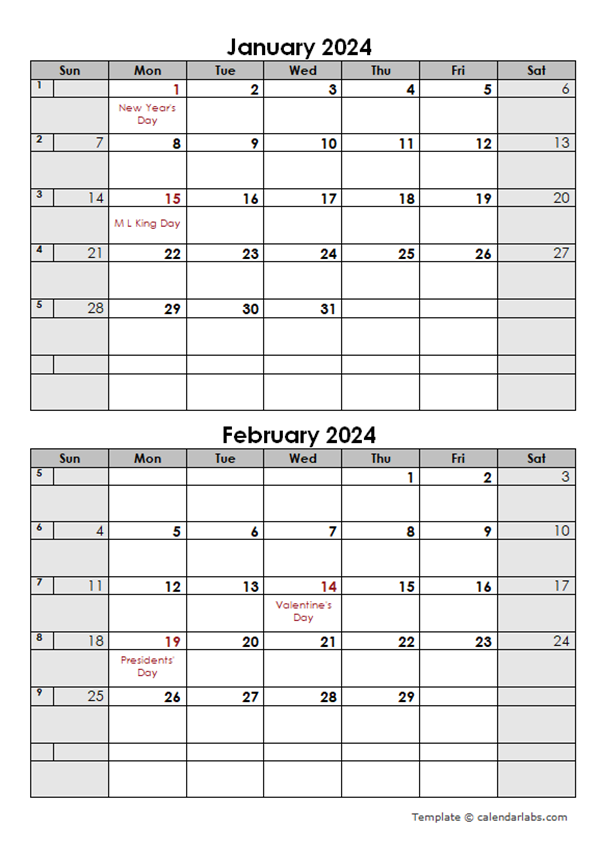 2024 2 Months Calendar Template