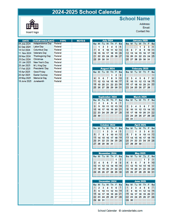 2024-2025 Jul-Jun Yearly School Calendar Template Excel