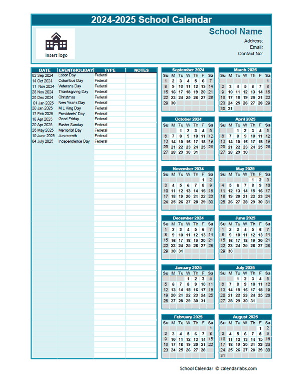 2024-2025 Sep-Aug Yearly School Calendar Template Excel