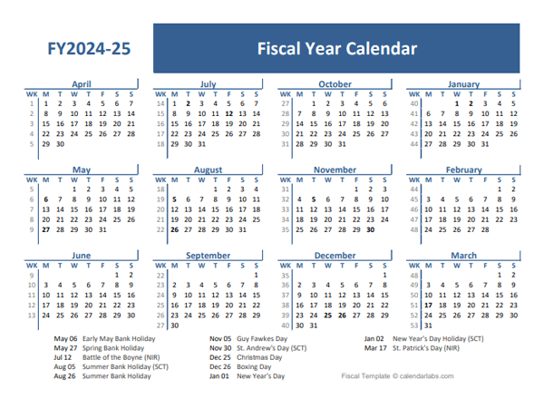 2024-25 Fiscal Year Calendar Template UK