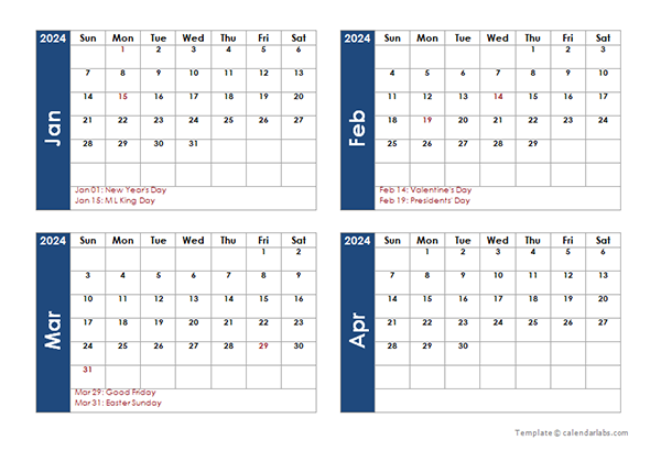 2024 Four Month Calendar Template