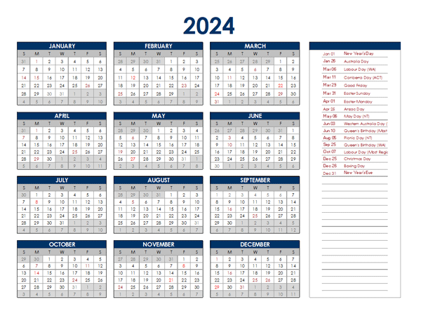 2024 Australia Annual Calendar with Holidays