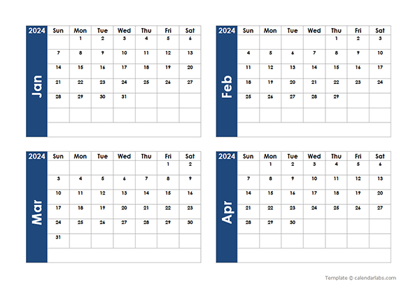 2024 Blank Four Month Calendar