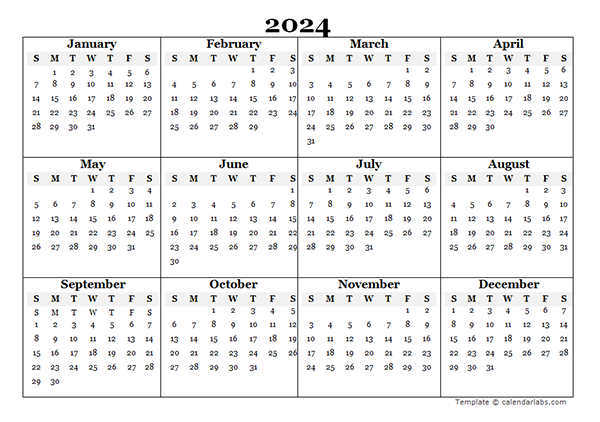 2024 Blank Yearly Calendar Template