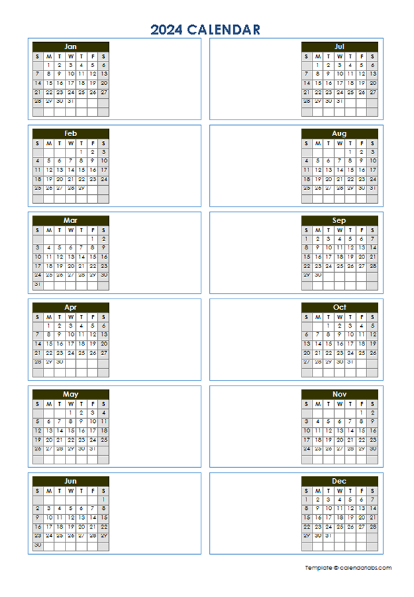 2024 Blank Yearly Calendar Template Vertical Design - Free Printable