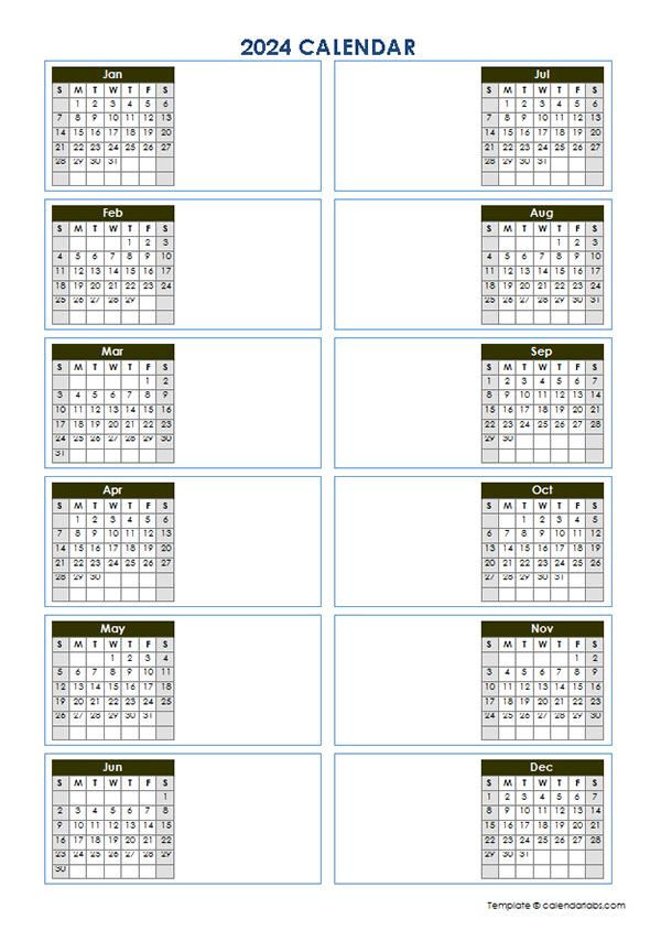 2024 Blank Yearly Calendar Template Vertical Design Free Printable