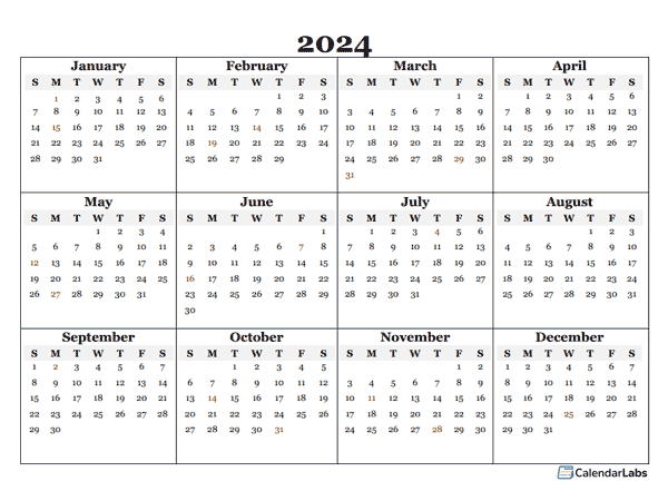 2024 Blank Yearly Calendar Template