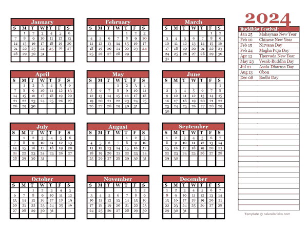 2024 Buddhist Festivals Calendar Template