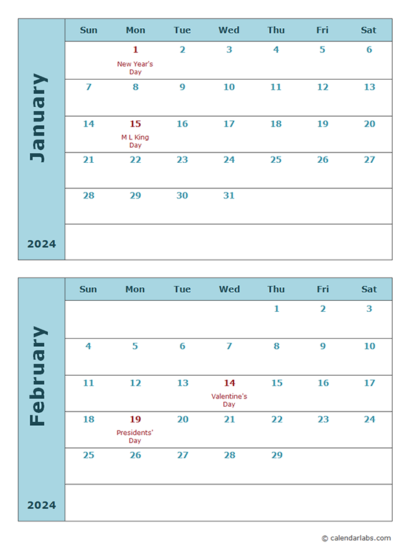 2024 Calendar Template Two Months Per Page