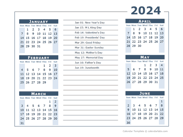 2024 Calendar Template 6 Months Per Page