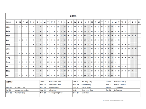 2024 Calendar Template Year At A Glance