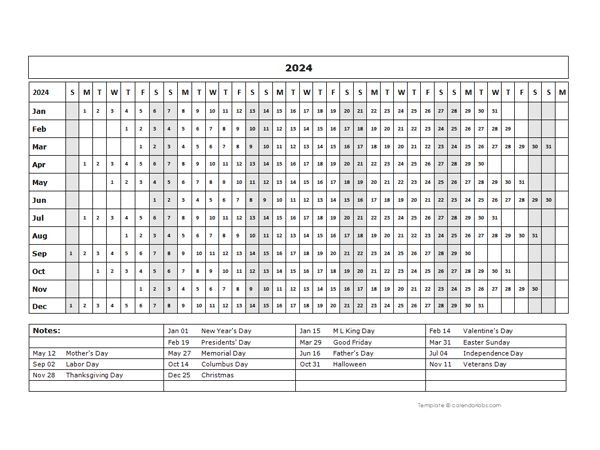 2024 Calendar Template Year At A Glance