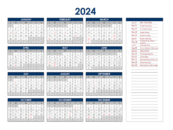 2024 Canada Annual Calendar with Holidays