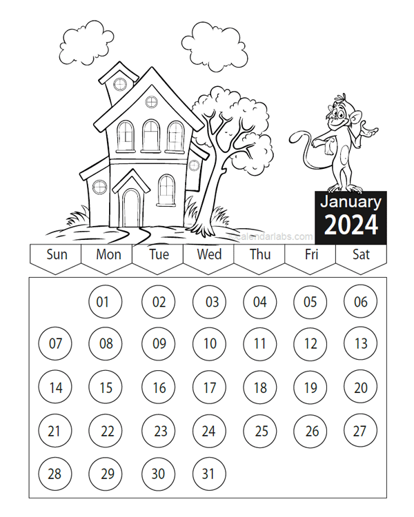 2024 Cartoon Character Coloring Calendar