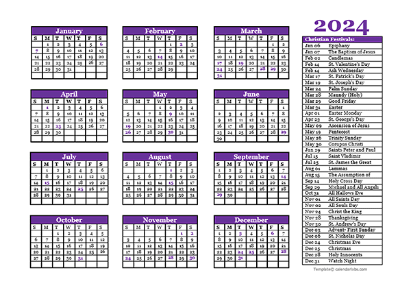 2024 Christian Festivals Calendar Template