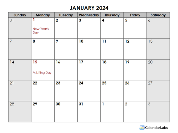 2024 Classic Monthly US Calendar