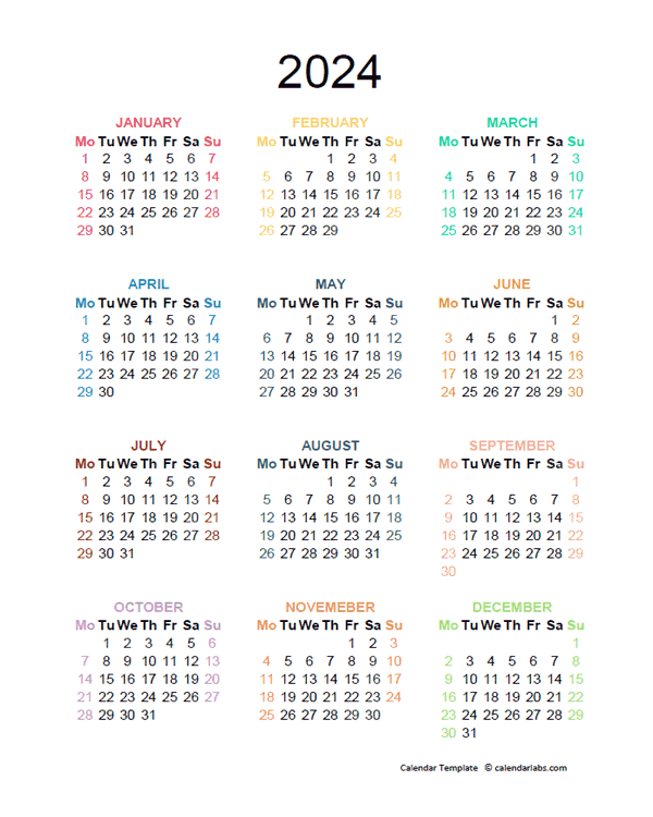 2024 Colorful Yearly Excel Calendar