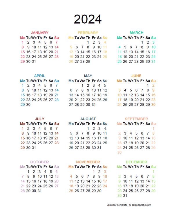 2024 Colorful Yearly Excel Calendar - Free Printable Templates