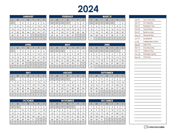 2024 Excel Yearly Calendar